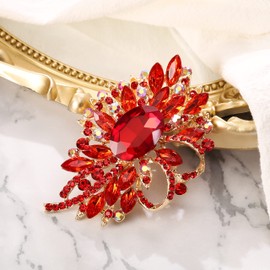 BriLove Statement Vintage Style Bridal Corsage, Women's Crystal Rhinestone Marquise Large Flower Bow Brooches Scarf Decoration Brooch Pin for Wedding Party Ruby Color Gold-Tone
