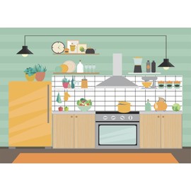 Loccor 7x5ft Fabric Modern Kitchen Interior Backdrop Green Panel Wall Oven Cooking Tools Cartoon Kitchen Photography Background Cooking Party Decorations Mother Kids Family Portrait Photo Studio Props