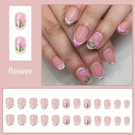 24Pcs Cute Flower Press on Nails French Tips Fake Nails Short Spring Summer Flowers Acrylic Nails Oval False Nails with Rose Tulip Floral Designs Artificial Nail Full Cover Stick on Nails for Women