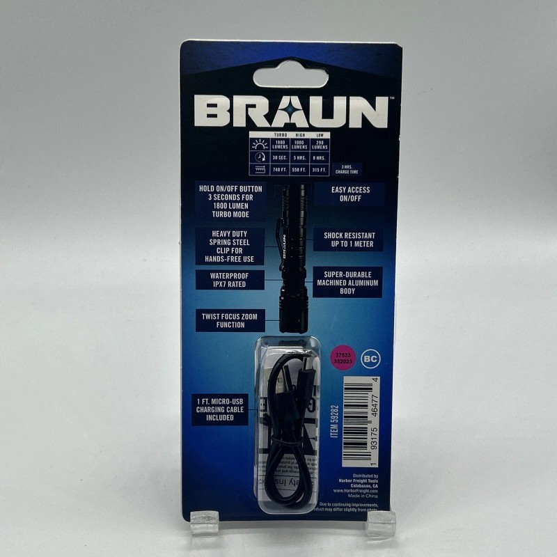 Braun 1800 Lumen Waterproof Rechargeable Tactical Flashlight (NEW)