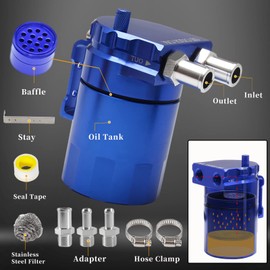 PWR FEVER Upgraded Baffled Oil Catch Can Kit Aluminum Reservoir Tank with 3/8" Strengthened NBR Fuel Line Blue 400ml