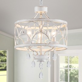 Uiimeces Small Crystal Chandelier, Modern Crystal Chandelier for Dining Room, Rustic Farmhouse White Round Ceiling Pendant Light Fixture for Living Room, Entryway, Hallway, Bedroom, Bathroom