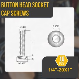 DTGN 1/4"-20x1" Button Head Socket Cap Screws - 10Pack - Good for Road Bicycle, Mountain Bike, Auto, Motorcycle - 304 Stainless Steel Whitewashed - Hex Socket Drive Fasteners