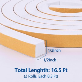 Kikerike Self Adhesive Foam Tape Weatherstrip 1/2in x 1/2in x 16.5Ft High Density Foam Insulation Strips Seal Weather Stripping with Strong Adhesive for Door and Window Sound Isolation Soundproofing
