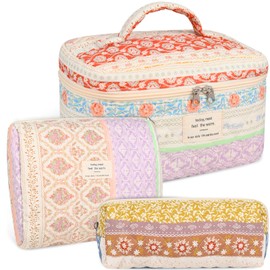Anfly Makeup Bag, Quilted Cosmetic Bags, Large Floral Make Up Bag, Cute Makeup Bag 3PC Set for Women Girls (Color Clash)