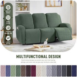 KinCam Recliner Covers, Stretch Reclining Chair Covers, Recliner Sofa Slipcovers Stripe Jacquard Recliner Couch Covers Furniture Protector Covers for Pet Kid (3 Seater, Greyish Green)
