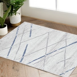 TOPICK Doormat Entryway Area Rug Soft Short Pile Blue Grey Rug Entrance Mat Thin Washable Rug Geometric Print Carpet Non Slip Lightweight Rug Kitchen Bathroom Living Room Bedroom 60x90cm
