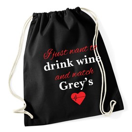 Hippowarehouse I just want to drink wine and watch grey's Drawstring Cotton School Gym Bag 37cm x 46cm, 12 litres