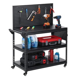 ENJOYWOOD Workbench with Dual Pegboards 3-Tier Adjustable Rolling Work Table Heavy Duty Metal Tool Bench with Push Handle & Wheels Mobile Workstation for Garage, Workshop, Warehouse