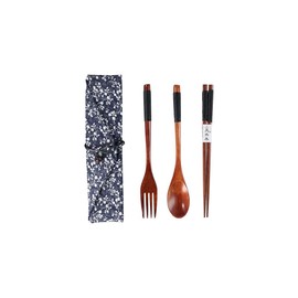3PCS Wooden Flatware Wooden Spoon and Fork Chopsticks Reusable Tableware Set, Chinese Chopsticks Tableware Wooden Cutlery Sets With Cloth Bag for Office Camping Traveling, Travel Gift
