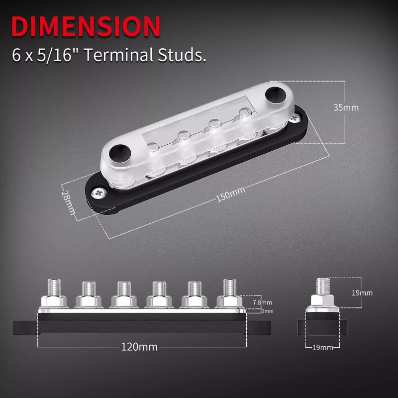 DAIERTEK 12V Bus Bar 6 x 5/16" (M8) Terminal Studs