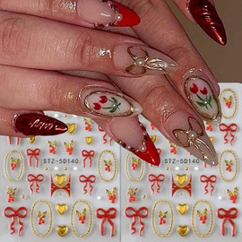 POWPOP Christmas Nail Art Stickers Decals 5D Embossed Bow Nail Stickers 2PCS Red Gold Bow Heart Gold Circle Cherry Xmas Nails Design Self-Adhesive Nail Decals Manicure Supply for Women DIY Nail Art