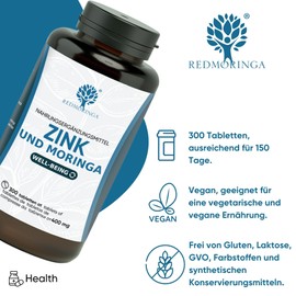 RedMoringa® Zinc Tablets 15 mg - 300 Vegan Tablets - High Dose Zinc and Moringa for Optimal Health, Zinc Capsules in Premium Quality - ESN for Energy and Immunity