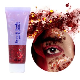 Prreal Body Glitter Gel 50 ml, Face Glitters Body Gel Sequins Shimmer Liquid Eyeshadow, Chunky Glitter for Face Hair Nails, Holographic Cosmetic Laser Powder Festival Glitter Makeup #Red