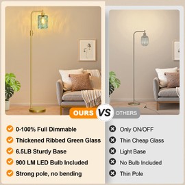 【Upgraded】 Dimmable Glass Floor Lamp for Living Room, Modern Gold Standing Lamp with Green Feather Glass Lampshade & Knob Dimmer, Arc Tall Lamp for Bedroom Office Reading Room, 2700K Led Bulb Included