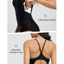 baleaf Women's Zipper Pockets One Piece Swimsuits Athletic Training Adjustable Strap Bathing Suits Racerback Swimwear Black 32