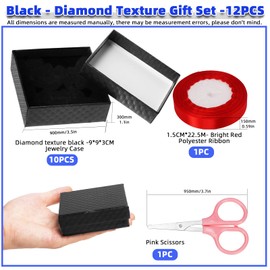 Glarks 12Pcs Black 9 x 9 x 3CM Cardboard Jewelry Gift Boxes with Pink Scissors and 1.5 x 225CM Red Polyester Ribbon Set, Diamond Pattern Necklace Earring Bracelet Boxes Gift Case Ideal