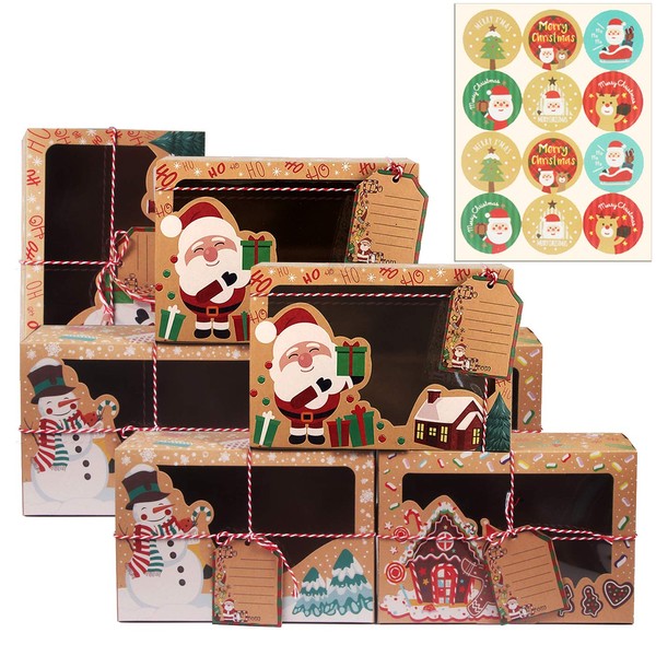Annhao 12 Pieces Christmas Gift Boxes with 12 Pieces Christmas Stickers with Clear Window for Candy Cookies Cupcake Kraft Paper Gift Boxes for Christmas Gifts, DIY Gifts, Party Supplies