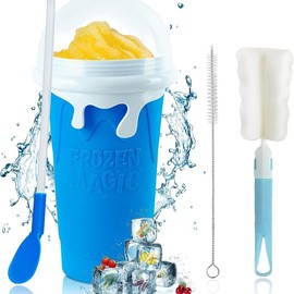 SLUSHY CUPS -SLUSHIE MAKER FOR ANY DRINK COMES WITH SPOON, LID, CLEANING BRUSH (ALL AGES) Kitchen Silicone Utensils Kids Straw Mug:_Large Slushy Cup -  Blue (500 ml)