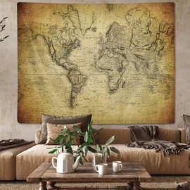 Ancient Map of the World Tapestry Wall Art Hanging,Old World Map Home Room Wall Decorations Retro Khaki Color Vintage Wall Hanging Tapestries, Geographical Distribution Wall Decor for Man Bedroom