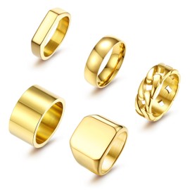Finrezio 5PCS 14K Gold Rings for Men Mens Gold Ring Mens Stainless Steel Rings Square Signet Rings Pinky Thumb Ring Chunky Thick Band Cuban Link Chain Ring Cool Finger Ring Wedding Band Ring for Men（Size 7-15）