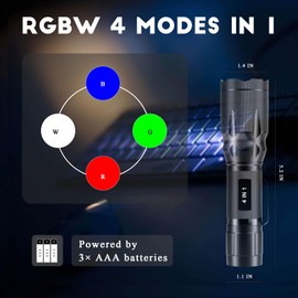 METII RGBW 4 Modes Flashlight, Red Green Blue White Light Options | Zoomable & Memory Function | Multi-Color Changing | Compact, Weatherproof for Night Vision | No Battery Included