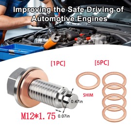 TSUGAMI Magnetic Car Oil Drain Plug, M12*1.75 Aluminum Stainless Steel Oil Pan Drain Bolt with 5PCS Crush Gaskets, Leak-Proof Auto Replacement Accessories, Universal for Motorcycle, Truck