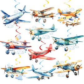 Airplane Birthday Party Decorations - 30 Pcs Watercolor Airplanes Hanging Swirls Decoration for Kids Plane Theme Birthday Parties, Air force Ceiling Swirl Streamer Backdrop Decor