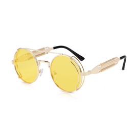 Karsaer Steampunk Sunglasses Hippie Glasses Retro Round Metal Frame Women Men, Gold Frame/Yellow Lens, 49MM
