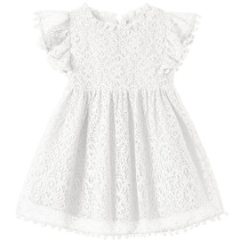 Niyage Toddler Girls Elegant Lace Pom Pom Flutter Sleeve Party Princess Dress White 100