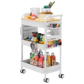 NOOKIN Art Cart - 3 Tier Rolling Cart with Table Top with Pegboard, 2 Baskets & 6 Hooks - Easy Assemble Craft Cart/Utility Trolley with Wheels for Office, Home, Kitchen, for Kids (Metal Cart, White)