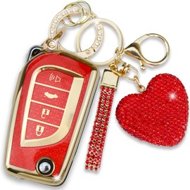 Simocky Key Fob Cover with Diamond Keychain Car Key Shell Compatible with Toyota Avalon Camry Corolla Fortuner Highlander Levin Rav4 Sequoia Sienna Tacoma Tundra Yaris (4 Buttons-Red Heart)
