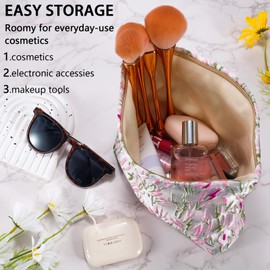 Makeup Bag for Women Flower Makeup Bag Zipper Cosmetic Pouch Large Capacity Makeup Bag with Zipper Makeup Pouch Organizer for Women Portable Travel Toiletry Bag (Green and Pink), Green and Pink