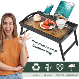 Tray Table for Bed, Bamboo Breakfast Serving Tray with Folding Legs and Handles, Laptop and Snack Bed Table with Cross Bar & Media Slot, Dark Brown with Black Legs, for Bedroom, Sofa, Kitchen