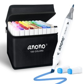 anono 100 Colors Alcohol Markers Set, Coloring Markers with Chisel and Fine Tips, Includes Carrying Case, Suitable for Book Painting and Coloring, White Barrel