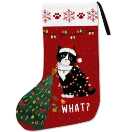 Tuxedo Cat Light Christmas Stockings, Cats Christmas Tree Decor, Black and White Cats Xmas Stockings, Tuxedo Cat Lover Gifts Hanging Decorations Stocking for Kids Fireplace Holiday, 18 Inches