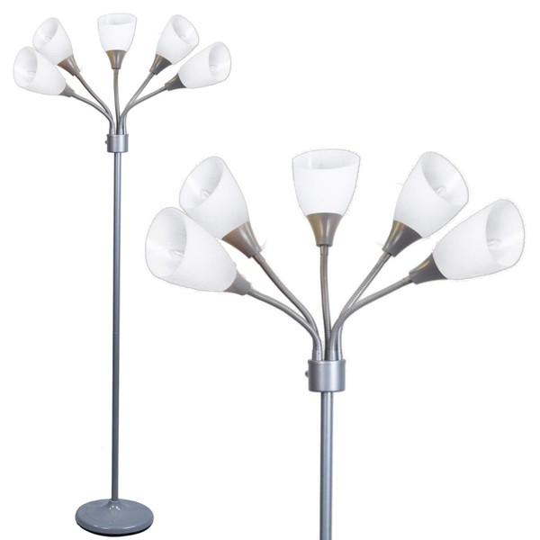 Modern Floor Lamp Multi Head 5 Light Floor Lamp - Medusa 5 Light Standing Lamp -Floor Lamp For Bedroom Spider Lamp With 5 Positionable Bright Acrylic White Shades with 3-Light Mode Switch(Silver)