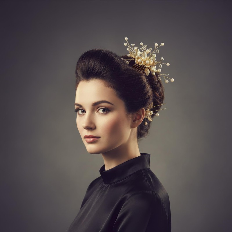 CHIORGONE ブライダルヘアアクセサリーセット-ゴールドリーフ&パールヘアコーム&ピン 5個セット、花嫁、ブライズメイド、フラワーガール用クリスタル付きウェディングヘッドピース