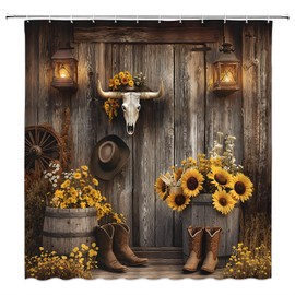 MYYJYY Western Cowboy Shower Curtain Southwest Rustic Farmhouse Barn Door Wooden Boots Ranch 70" Wx70 H Fabric Bathroom Decor Curtain with Hooks
