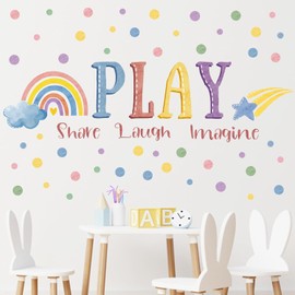 Mfault - Calcomanías de pared para sala de juegos, inspiradoras para compartir reír, imaginar, citas, decoración de cuarto de bebé, arte de recámara, lunares arcoíris neutros para decoración de habitación de niños pequeños