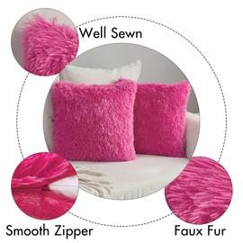 MIULEE Pack of 2 Luxury Faux Fur Throw Pillow Cover Deluxe Christmas Decorative Plush Pillow Case Cushion Cover Shell for Sofa Bedroom Car 18 x 18 Inch Rose Red