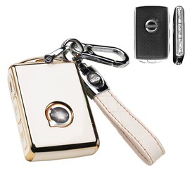 SANRILY 1 Pcs for Volvo Key Fob Cover XC90 XC60 S60 XC40 Keyless Full Covered Key Protector Shell with Keychain TPU Fashion Golden Edge Key Case Ivory-White