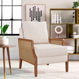 HAOBO Home Mid Century Modern Accent Chair Upholstered Living Room Chairs Armchair with Rattan Armrest Comfy Reading Chair with Wood Frame Lounge Side Chair with Waist Cushion