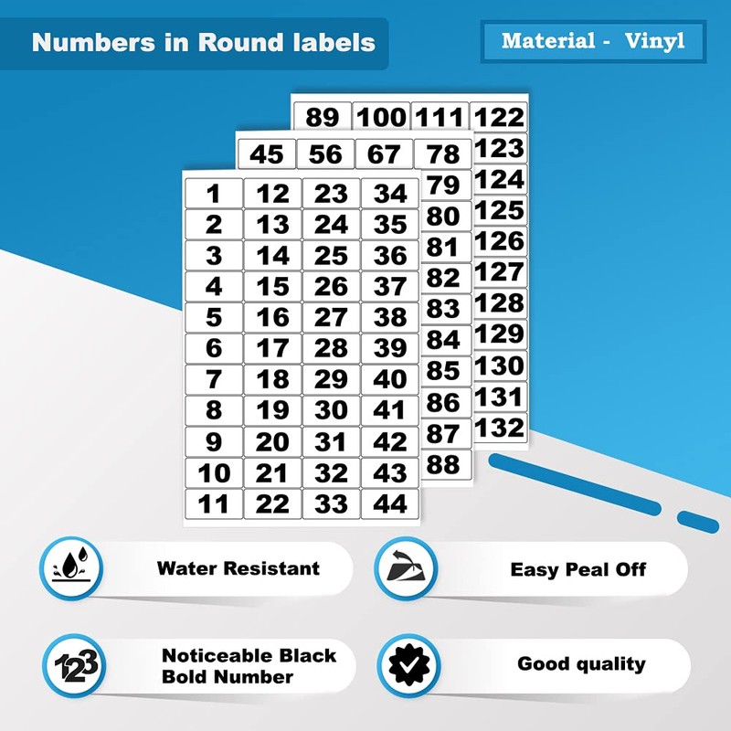 Pack of 44 Labels Per Sheet (1 to 132) Waterproof