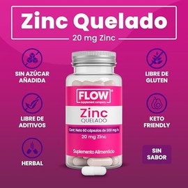 Flow Supplements | Zinc 20 mg –Zinc Quelado – 60 Cápsulas - Suplemento Alimenticio - Suministro 2 Meses - Libre de Azúcares, Aditivos y Gluten