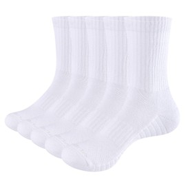 YUEDGE Women's White Training Athletic Socks Moisture Wicking Cotton Cushioned Crew Socks For Women 4-7, 5 Pairs