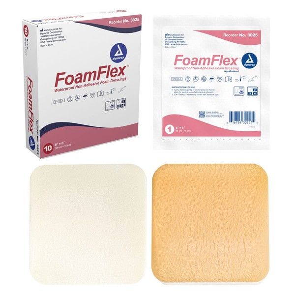 Dynarex FoamFlex Non-Adhesive Waterproof Foam Dressings - 6"x6", Breathable and Highly Absorbent Foam Dressings for Wounds, 1 Box of 10 Dynarex FoamFlex Non-Adhesive Waterproof Foam Dressings - 6"x6"