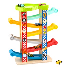 TOOKYLAND Toy Car Ramp Racer - 8pcs - Gravity Race Track Play Set with Wooden Cars, for Toddlers 18 Months Old +