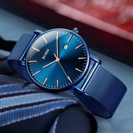 BUREI - Reloj de pulsera minimalista para hombre, color negro, impermeable, reloj simple y ultrafino, reloj analógico de cuarzo, fecha con banda de malla de acero inoxidable, Azul, Movimiento de