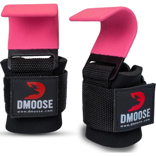 DMoose Weight Lifting Hooks (Pair), Hand Grip Support Wrist Straps for Men and Women, 8 mm Thick Padded Neoprene, Deadlift, Powerlifting, Pull up bar, Liftups, Shrugs (Pink (Flat Hook))